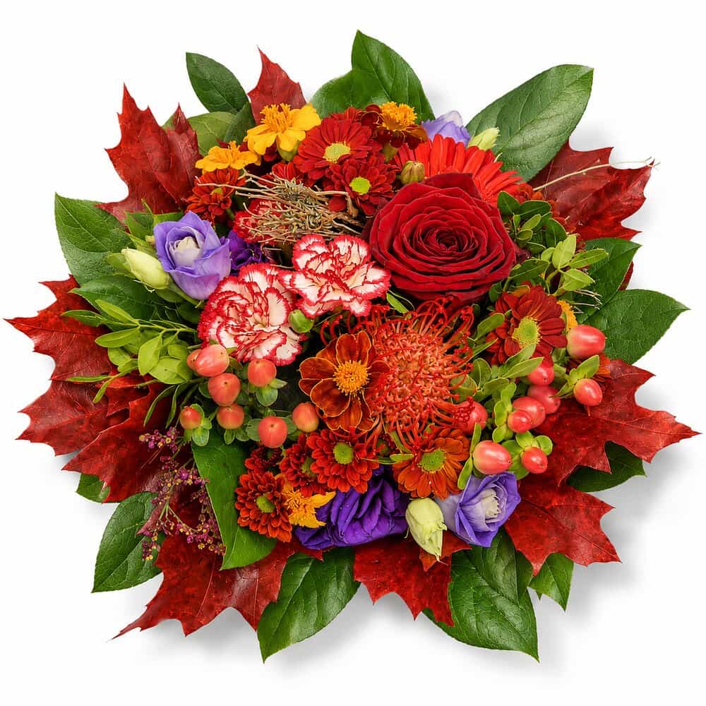Sina – Herbststrauß mit roten Rosen – Blumenstrauß vom Münchner Floristen