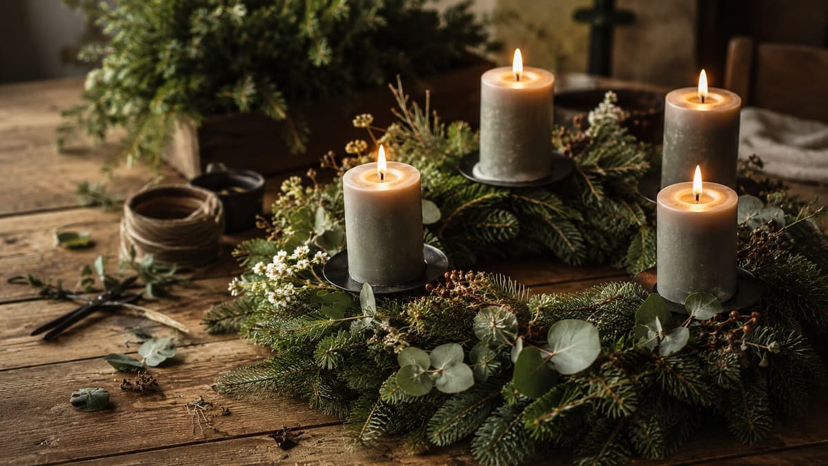 Adventskranz mit vier brennenden Kerzen auf dem Werkstatttisch