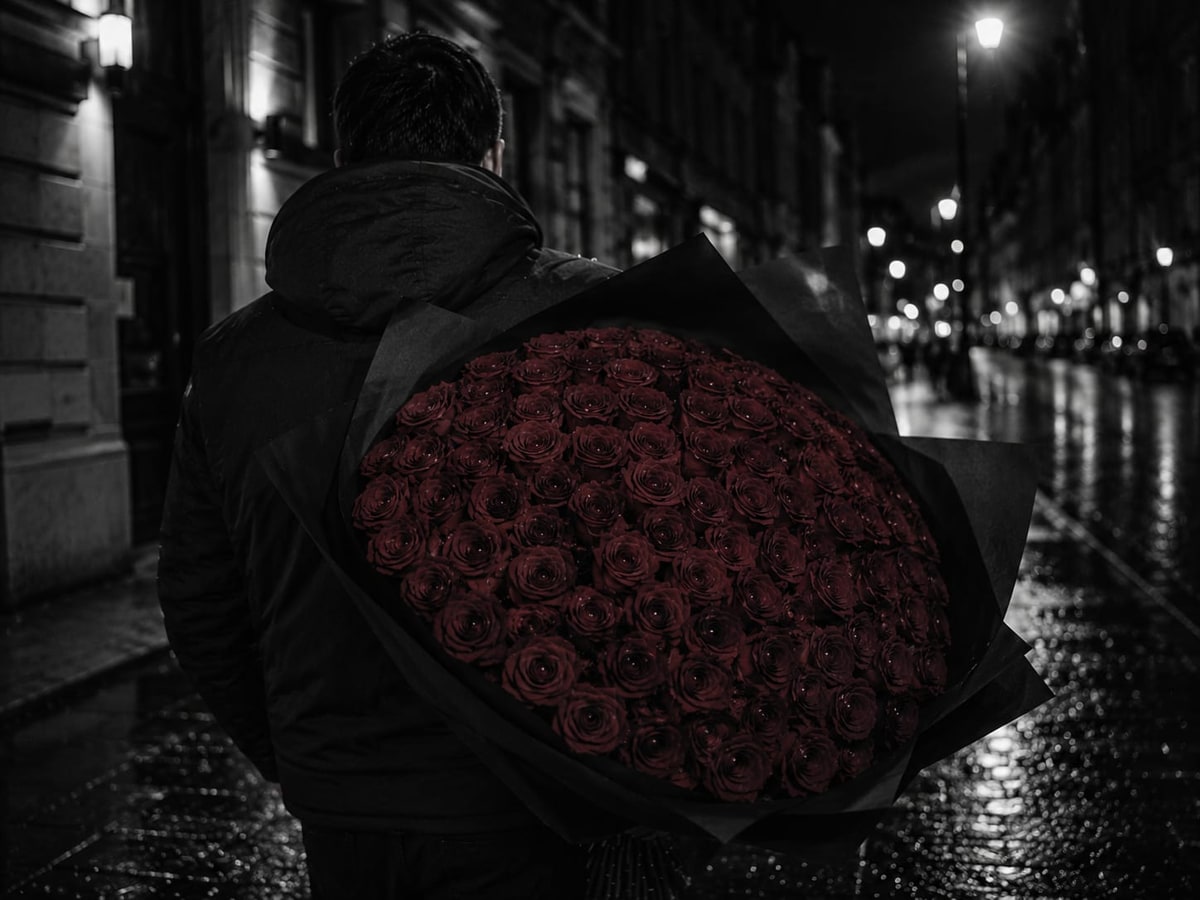 Großer Rosenstrauß aus München - XXL-Strauß mit dunkelroten Rosen in matt schwarzem Papier, getragen durch die nächtliche Stadt